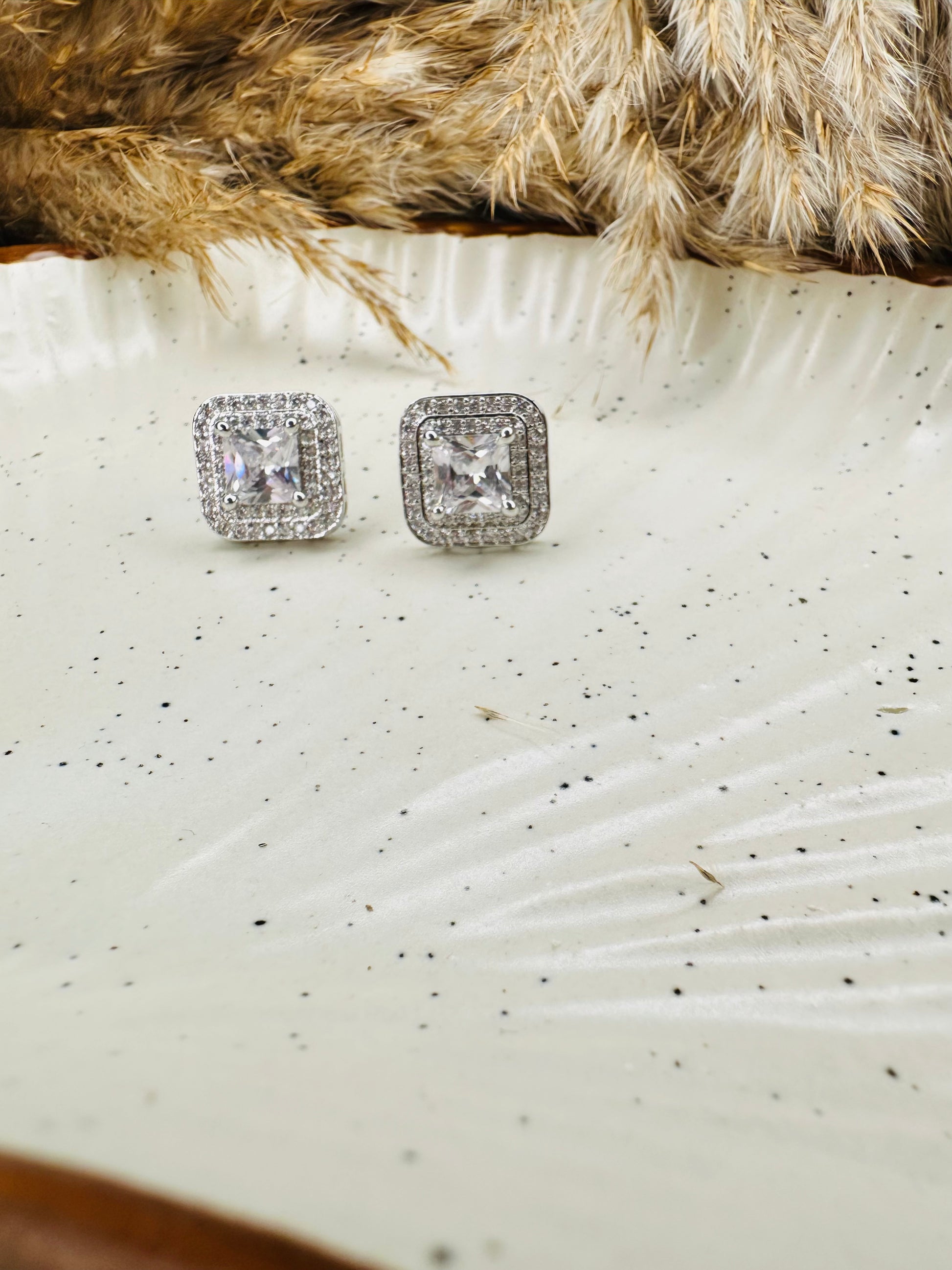 Front view of HeyBae AD Stud Square Crystal Earrings