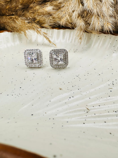 Front view of HeyBae AD Stud Square Crystal Earrings