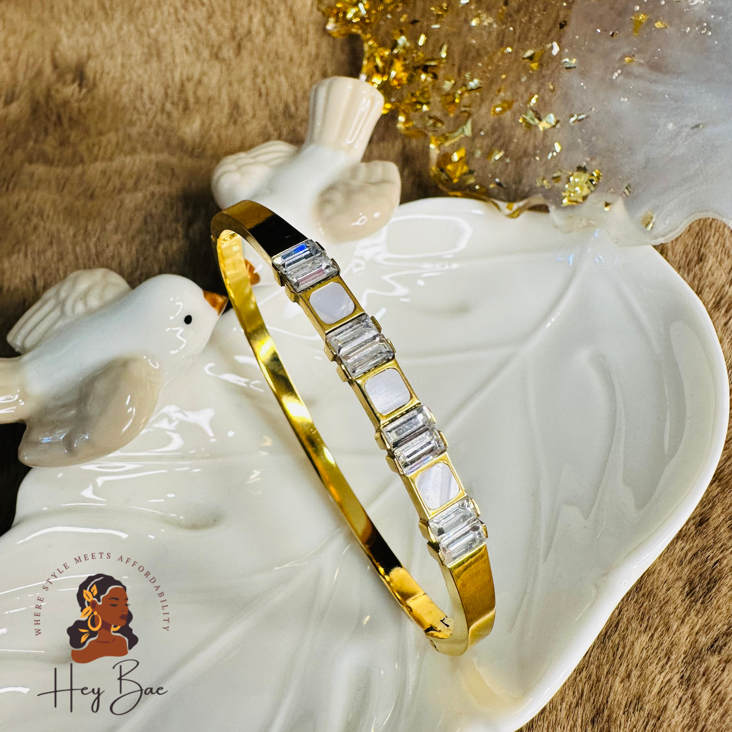 Close-up of HeyBae AD Studded Gold Bangle with American Diamond stones