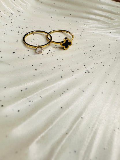 HeyBae Anti-Tarnish gold Clover and Solitaire rings combo for women