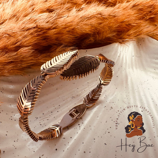 Close-up of HeyBae Anti-Tarnish Gold Plated Leaf Bracelet with elegant detailing