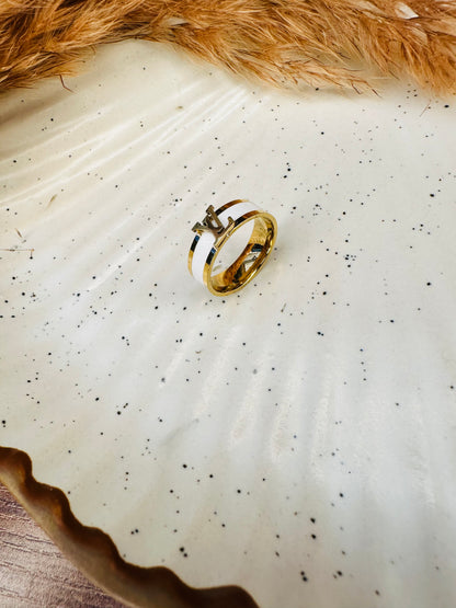 Anti-Tarnish Gold LV Band Ring with White Enamel Design