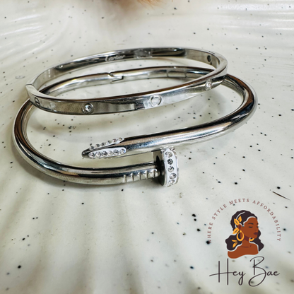 HeyBae Anti-Tarnish Love Band & Nail Cuff Bracelets worn as a stack
