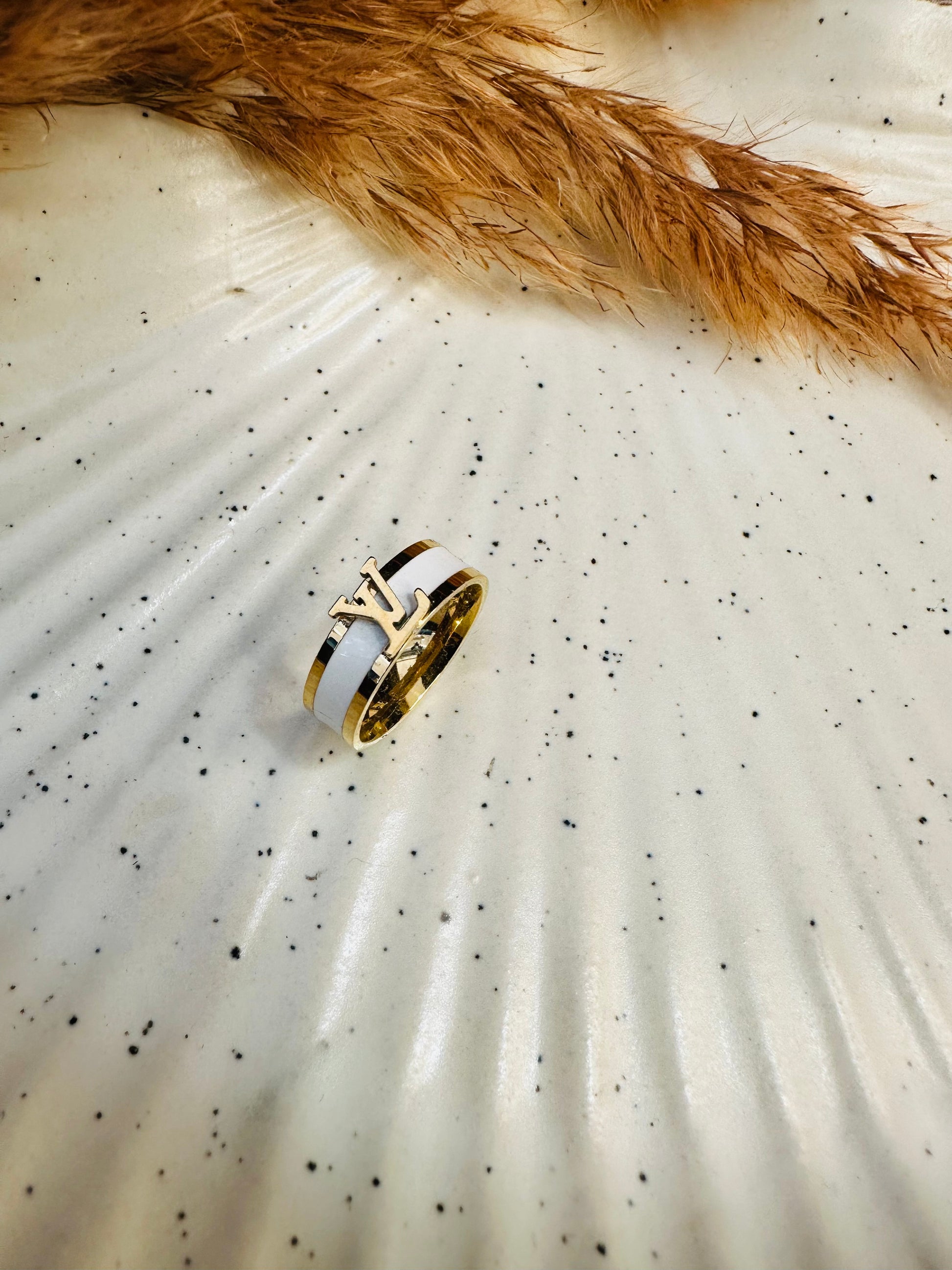 HeyBae Anti-Tarnish LV Ring – Gold Plated White Enamel Band