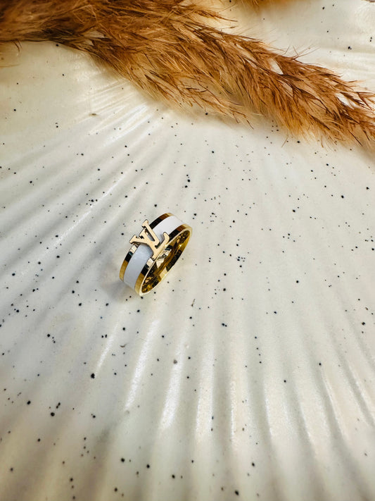 HeyBae Anti-Tarnish LV Ring – Gold Plated White Enamel Band