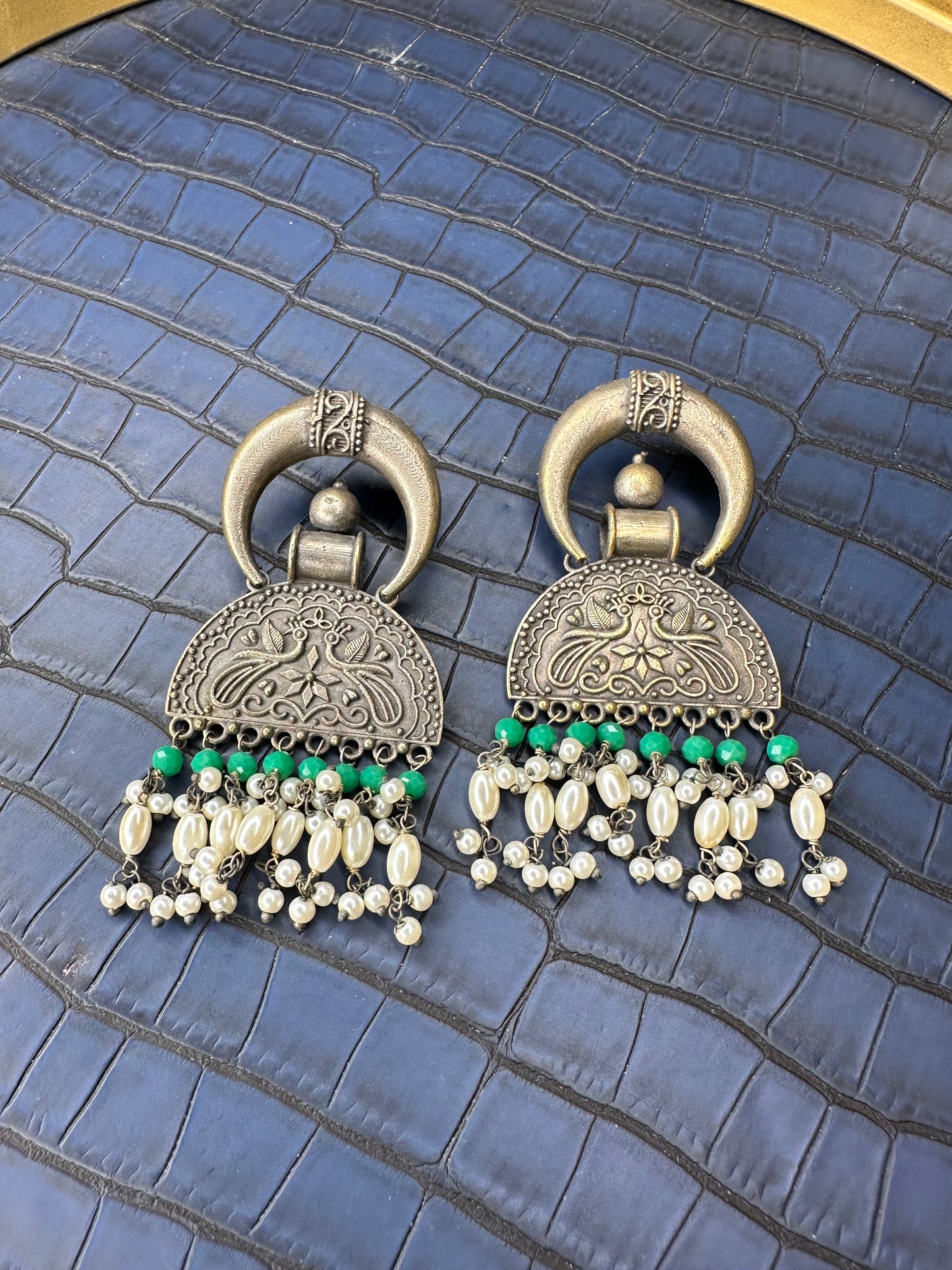 Close-up Detailing of HeyBae Big Oxidised Earrings with Stone Work