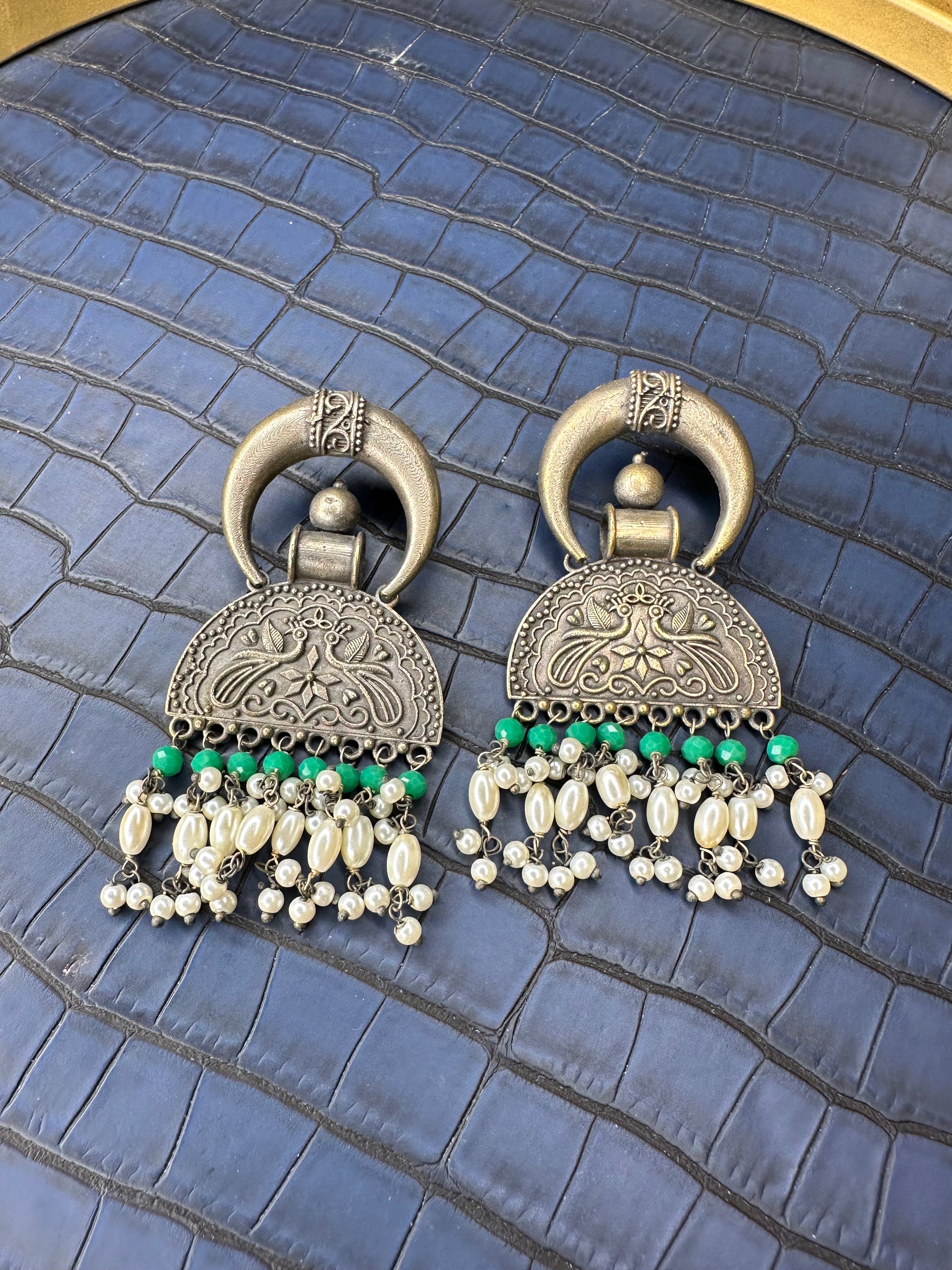 Close-up Detailing of HeyBae Big Oxidised Earrings with Stone Work