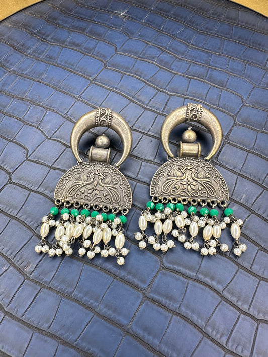 Front View of HeyBae Big Oxidised Statement Earrings for Women