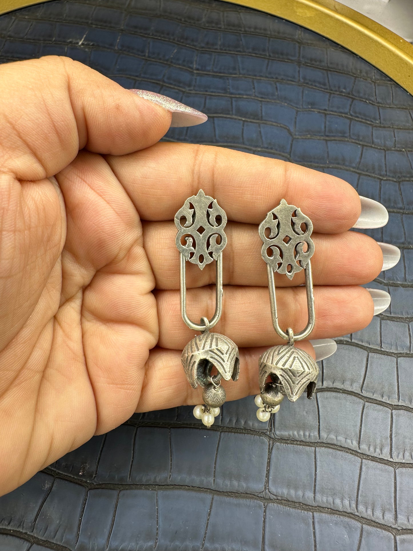 HeyBae Big Oxidised Earrings Paired with Modern Party Wear