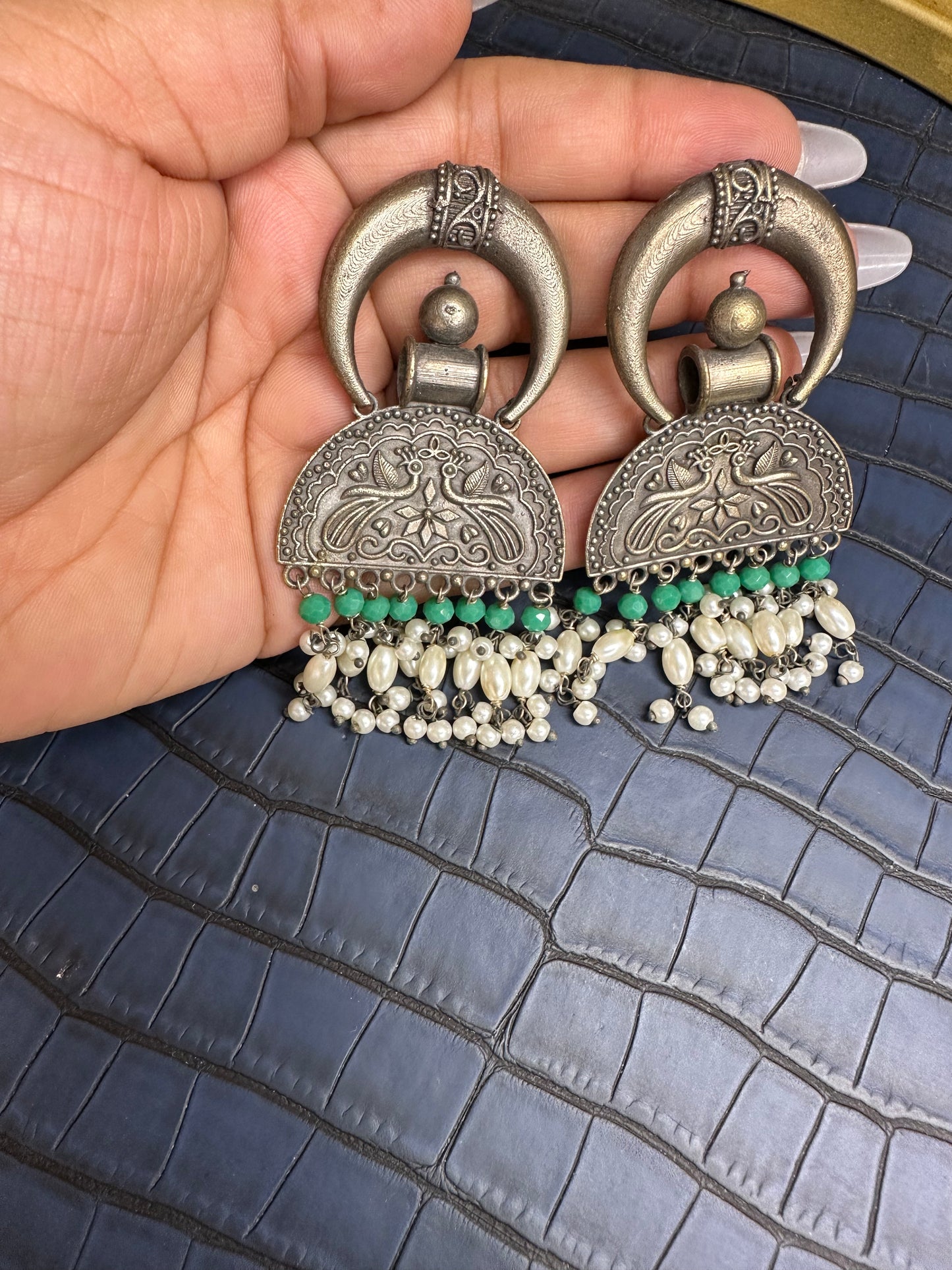 Model Wearing HeyBae Big Oxidised Statement Earrings with Saree