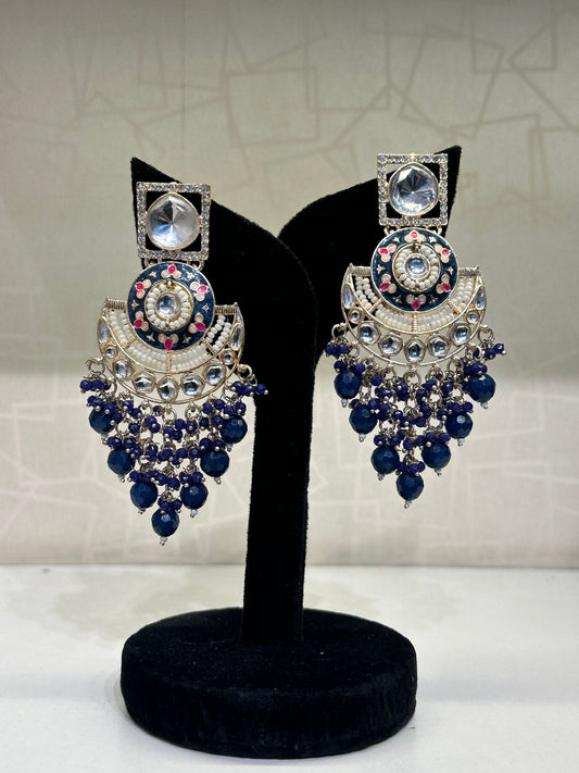 Front display of HeyBae Blue Beads Pearl Kundan Ethnic Earrings