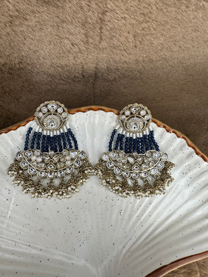 Front view of HeyBae Blue Bead and Pearl Kundan Ethnic Earrings