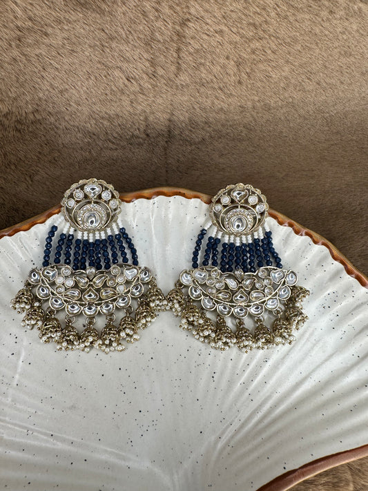Front view of HeyBae Blue Bead and Pearl Kundan Ethnic Earrings