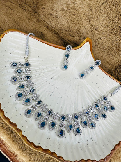 Detailed Shot of HeyBae Blue Stone AD Necklace & Earrings Set with Stone Embellishments