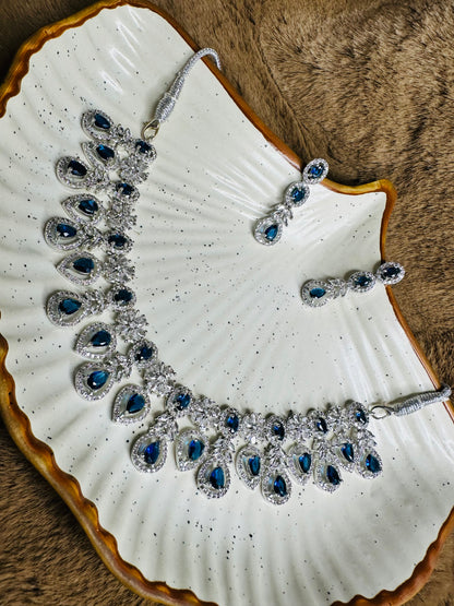 Model Wearing HeyBae Blue Stone AD Necklace & Earrings Set – Elegant Jewelry