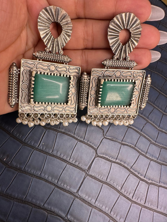 Bold Front Shot of HeyBae Big Oxidised Earrings with Vintage Detailing