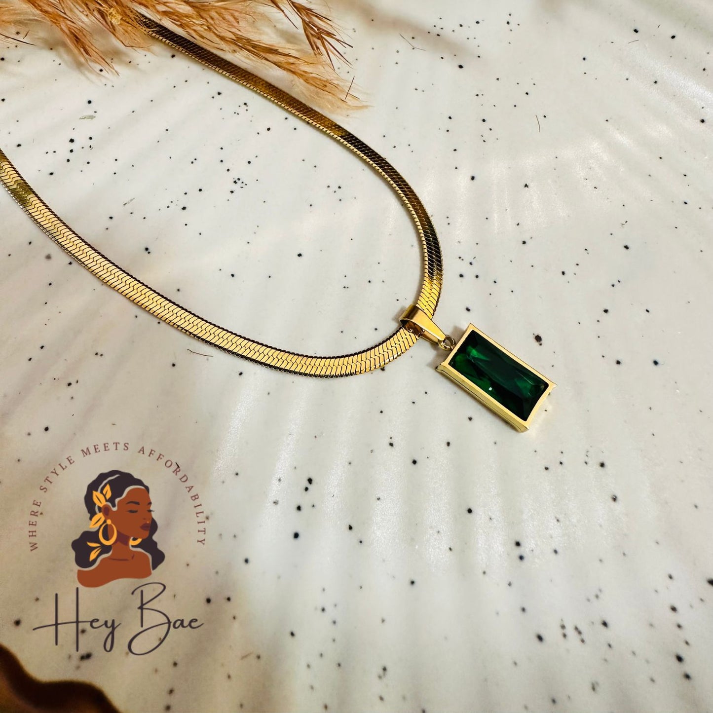 Fashion shot of HeyBae Anti Tarnish Green Emerald Gold Plated Necklace