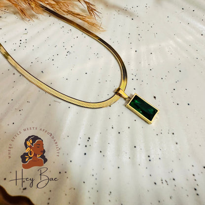 Fashion shot of HeyBae Anti Tarnish Green Emerald Gold Plated Necklace