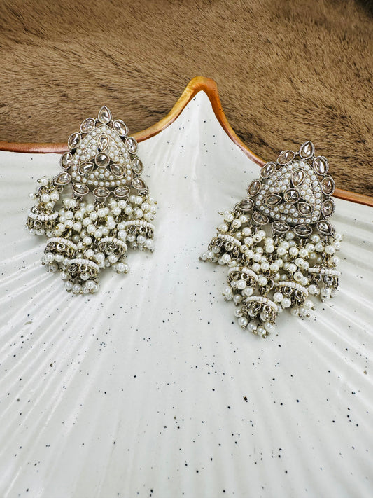 Side View of Gold-Plated Ethnic Hoop Earrings with Stones