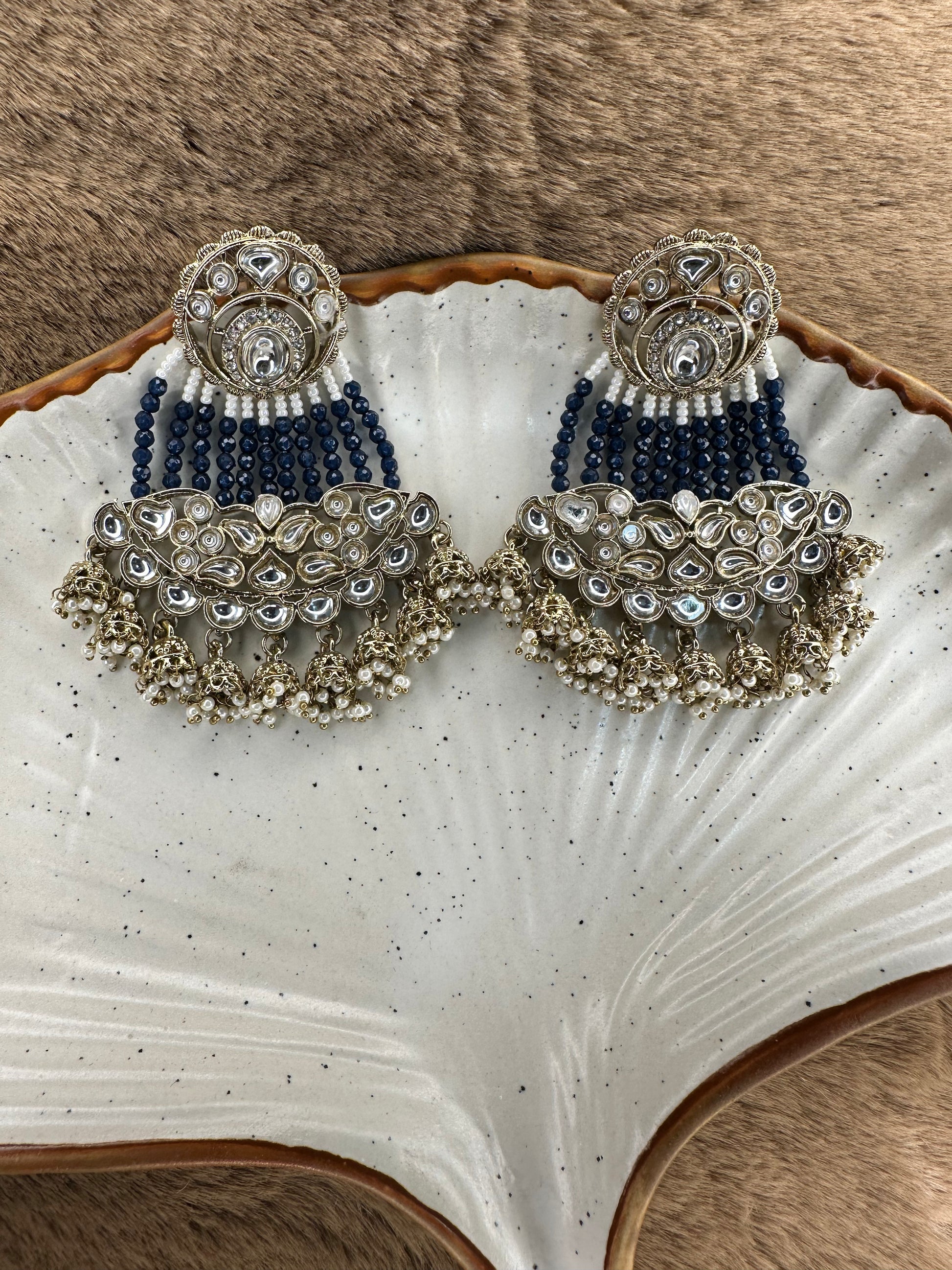 HeyBae Blue Bead and Pearl Kundan Ethnic Earrings in gift box