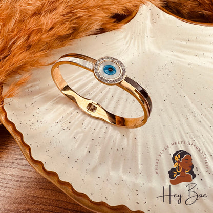 Close-up of HeyBae Anti-Tarnish Evil Eye Bracelet with protective charm detailing