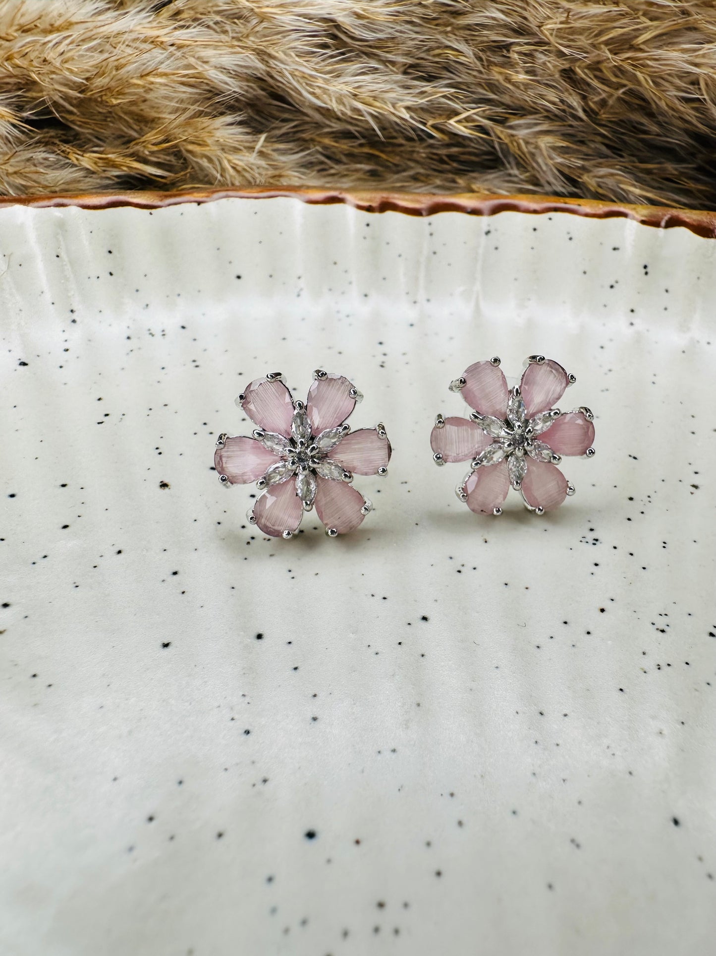 Close-up detailing of HeyBae AD Stone Flower Earrings