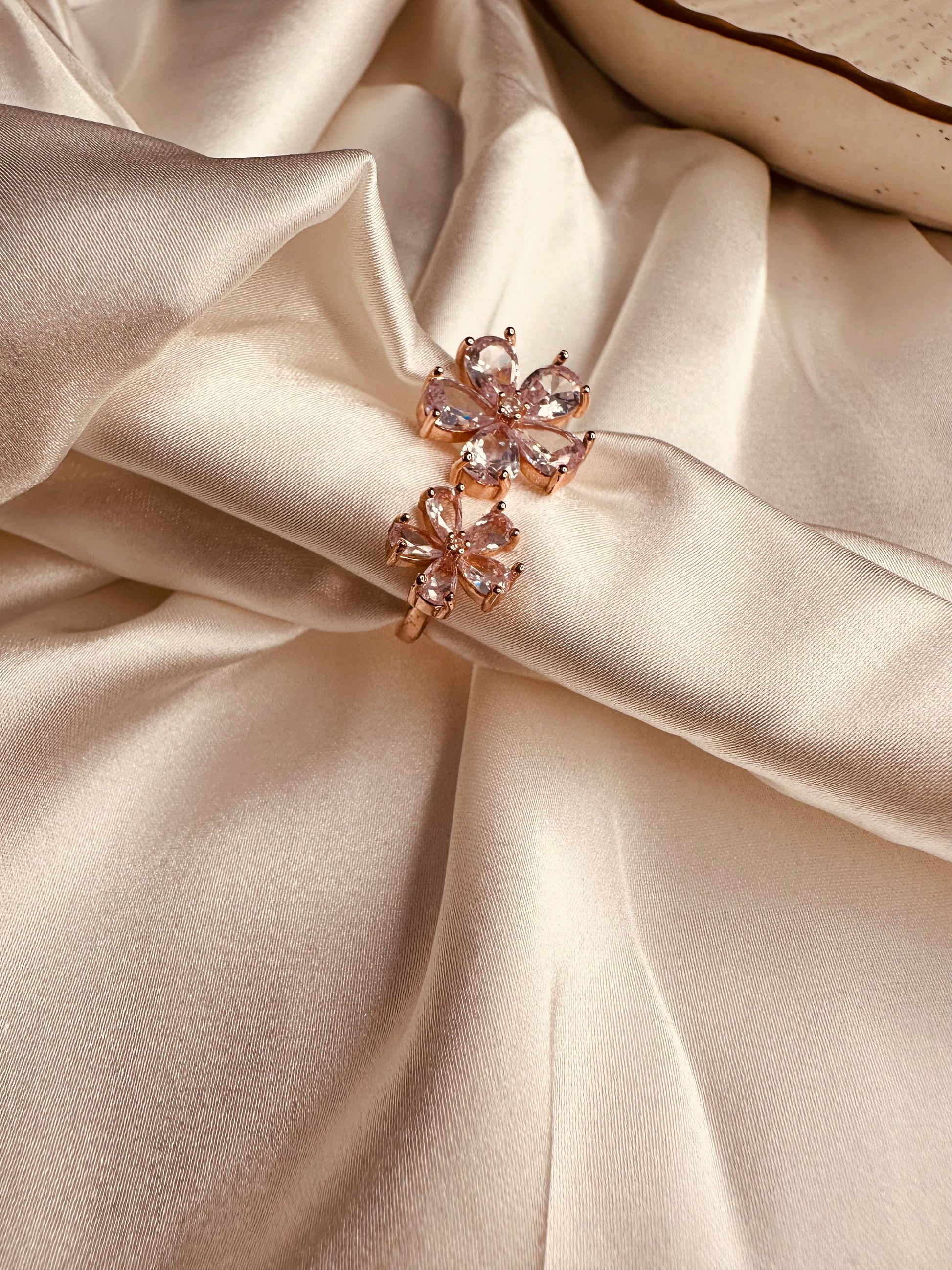 HeyBae Rose Gold Flower Ring with AD stones in premium gift box packaging
