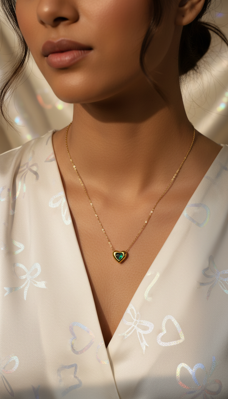 Close-up of a person wearing a gold necklace with a heart-shaped pendant on a white background.
