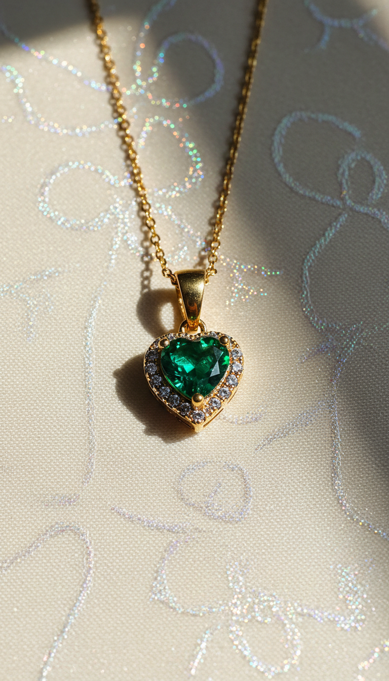 Gold necklace with a heart-shaped emerald pendant on a textured beige background
