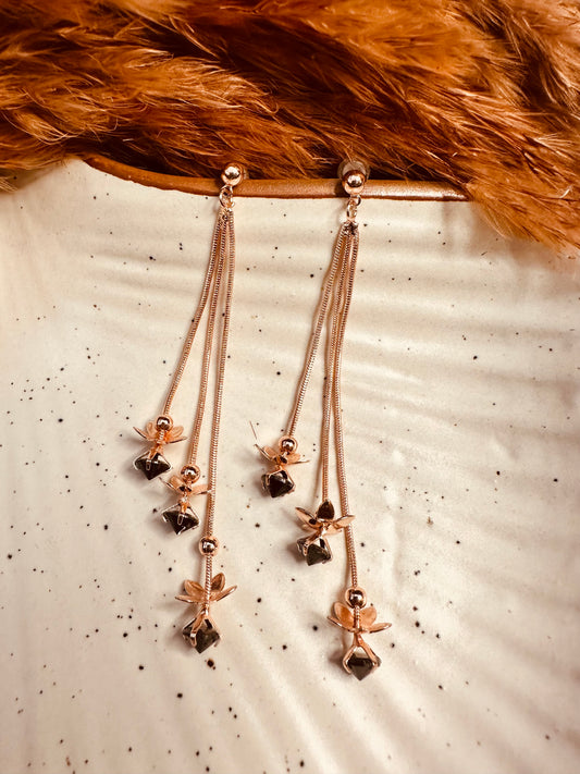 Front View of HeyBae Gold Long Thread Elegant Dangler Earrings