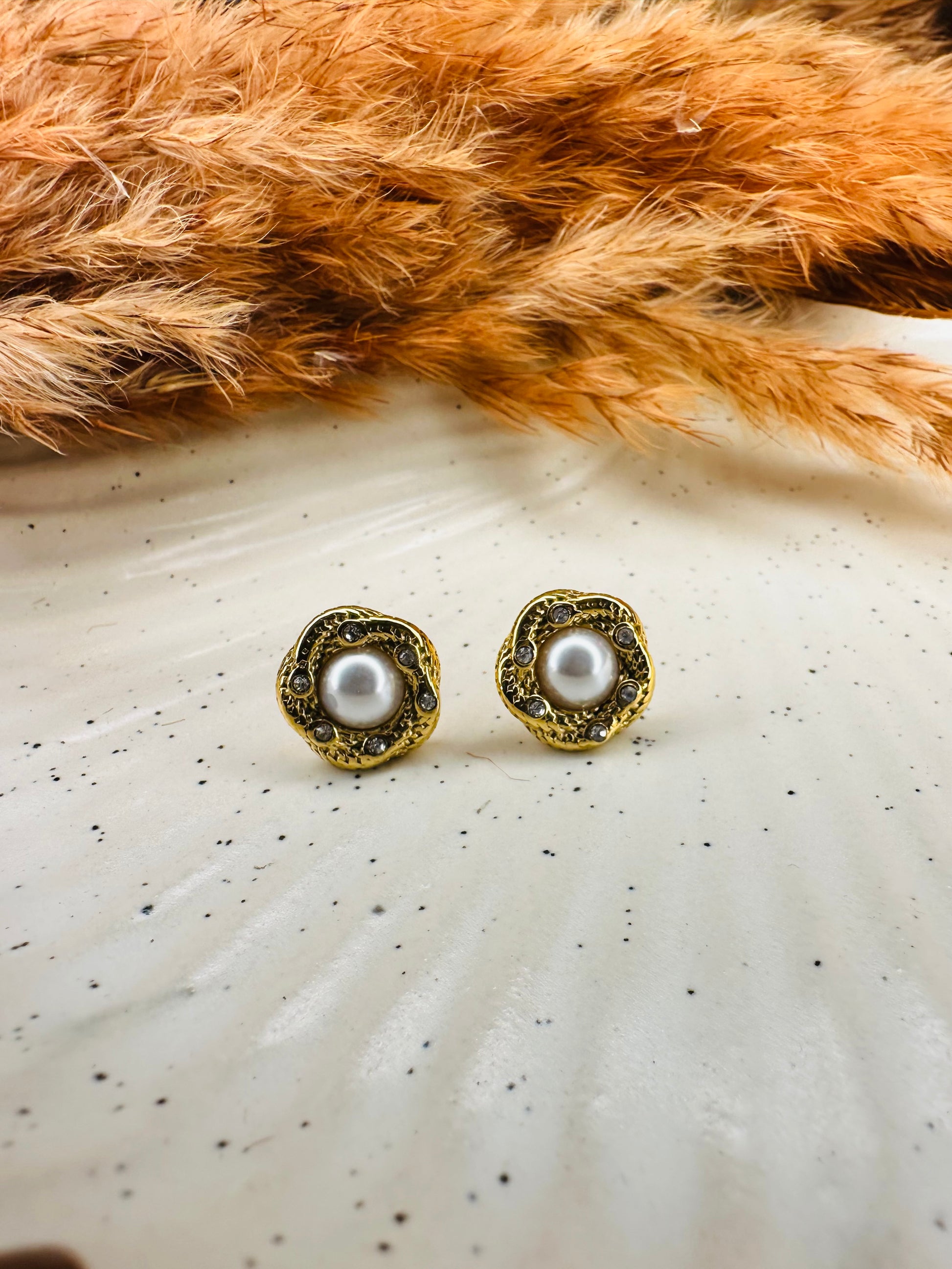 Model Wearing HeyBae Gold Plated Pearl Stud Earrings