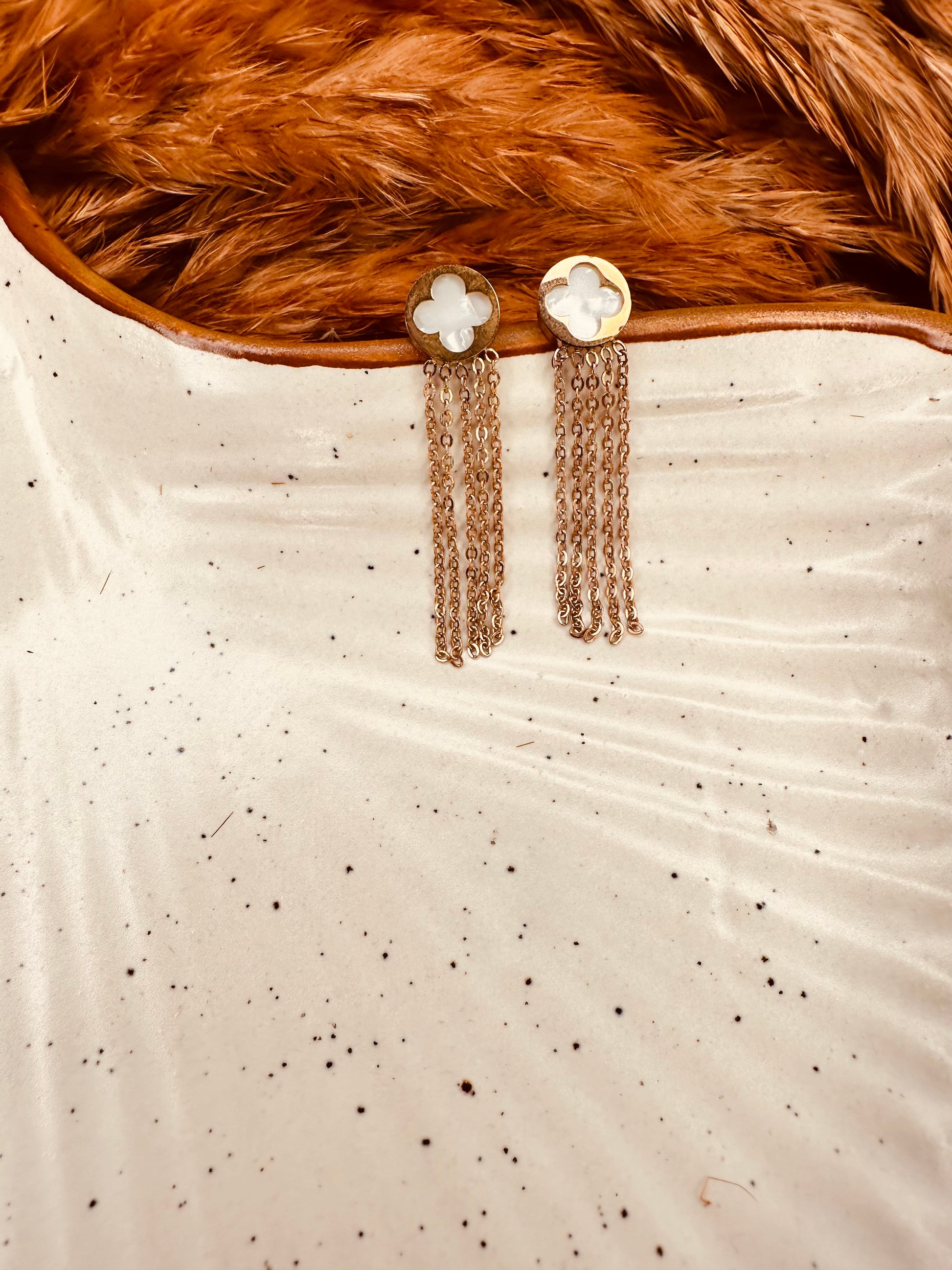 Lightweight gold plated clover tassel earrings with tassels