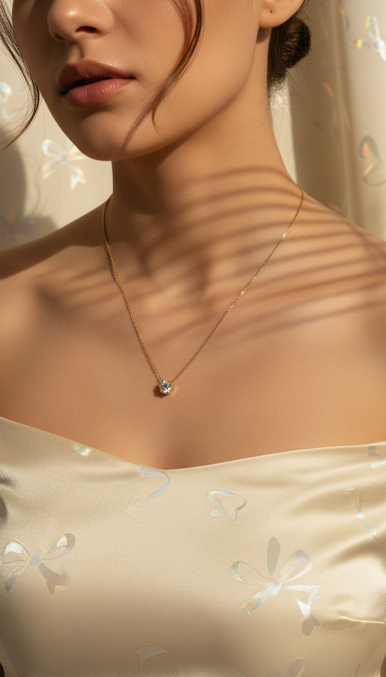 Close-up of a person wearing a delicate necklace with a blurred background