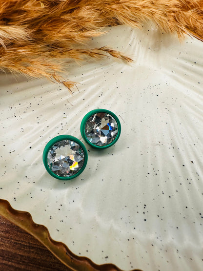 Close-up Detailing of HeyBae Green Crystal Stud Earrings with Sparkling Finish
