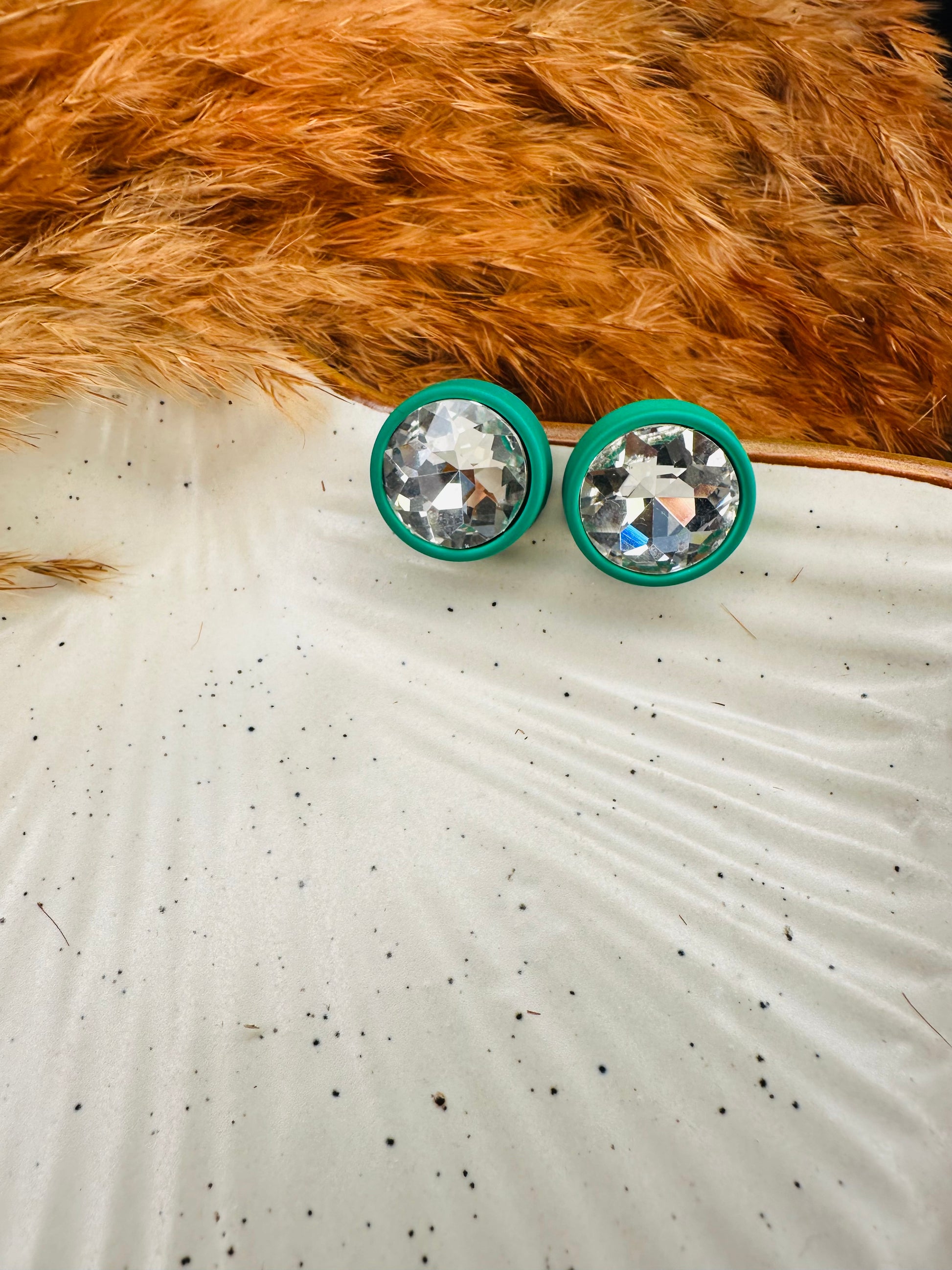 Detailed Shot Highlighting the Shine of HeyBae Green Crystal Stud Earrings