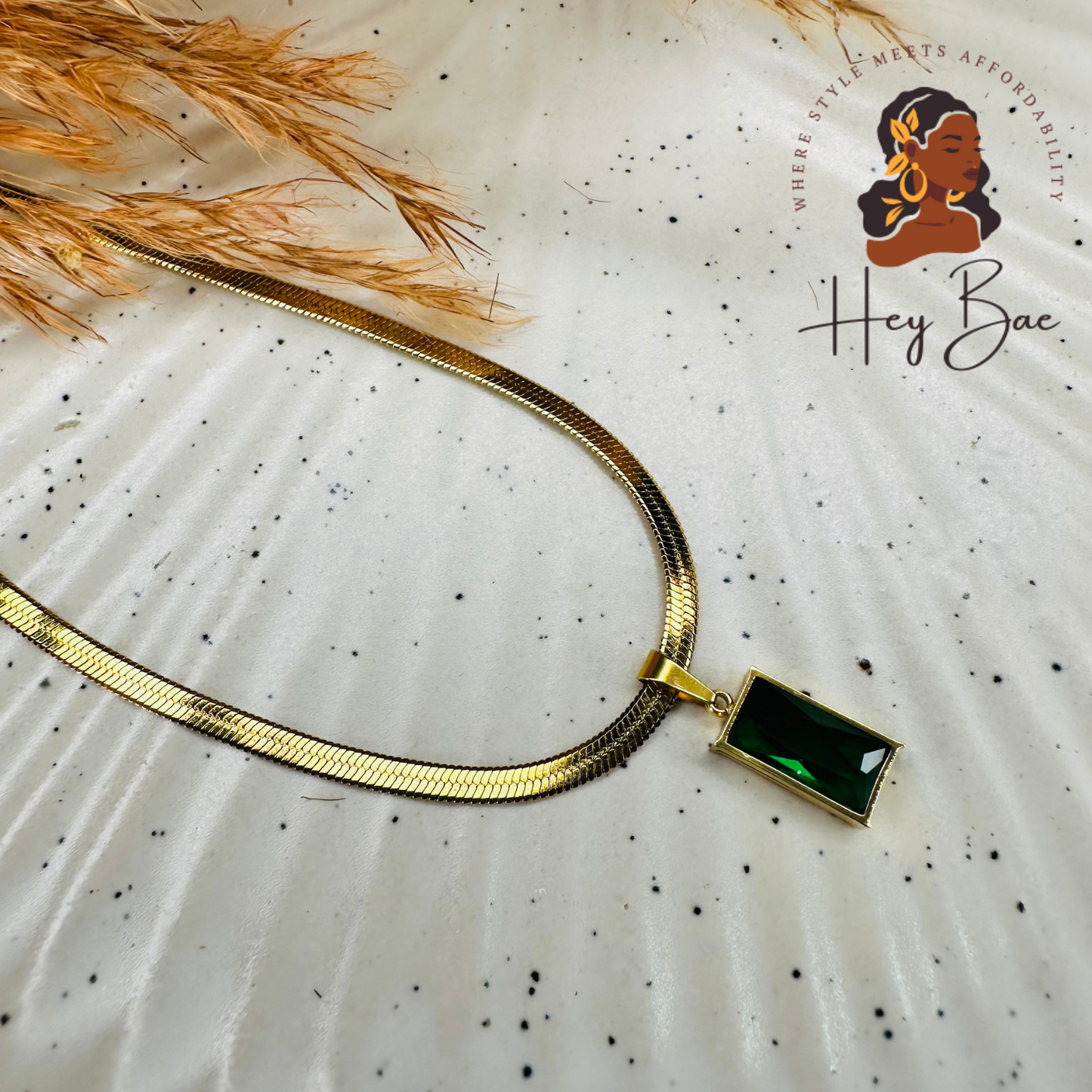 HeyBae Green Emerald Gold Plated Chain Necklace in Premium Gift Box