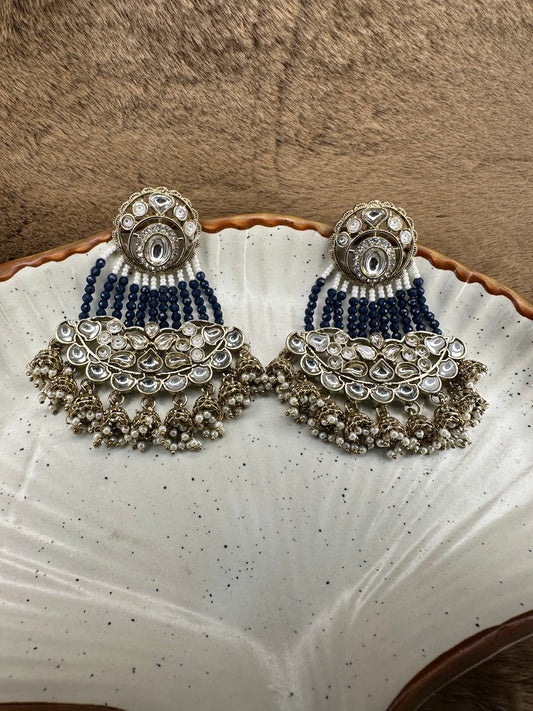 Close-up of HeyBae Blue Bead and Pearl Kundan Earrings with detailing