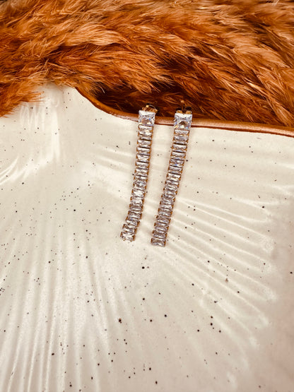 Close-up of HeyBae Anti-Tarnish Long Crystal Dangler Earrings with White & Black Crystals