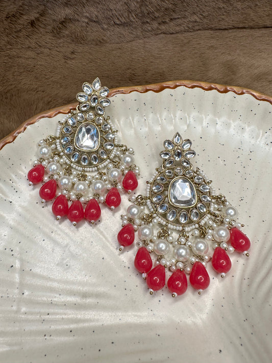 Close-up Detailing of HeyBae Magenta Bead & Pearl Kundan Earrings with Traditional Design