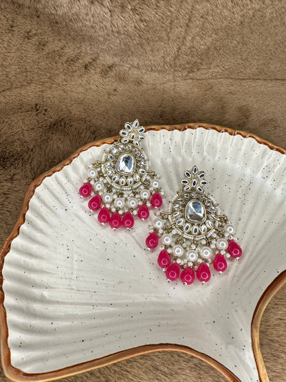 Side View of HeyBae Magenta Bead & Pearl Kundan Earrings with Intricate Craftsmanship