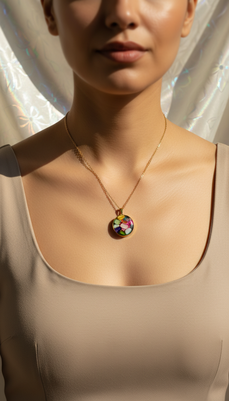 Woman wearing a necklace with a colorful pendant against a neutral background