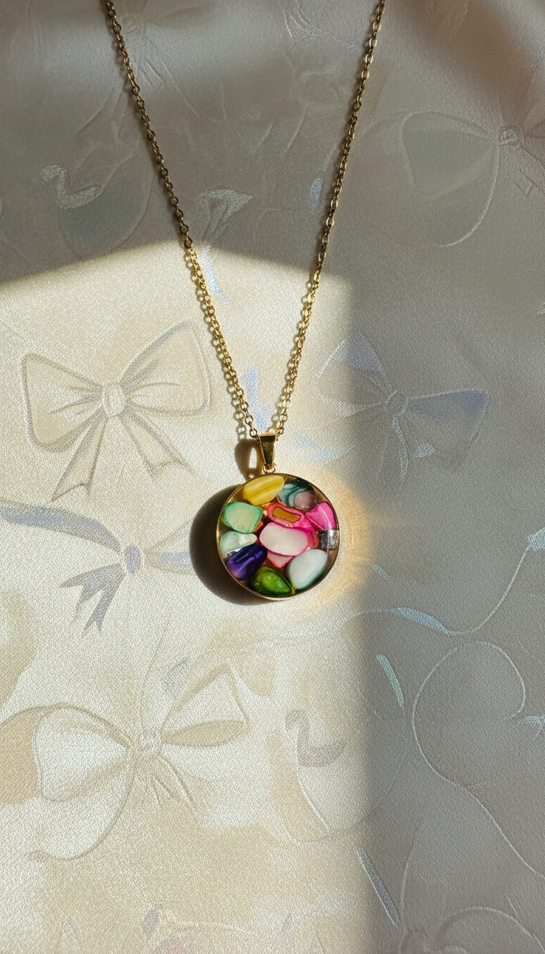Necklace with a colorful pendant on a textured surface