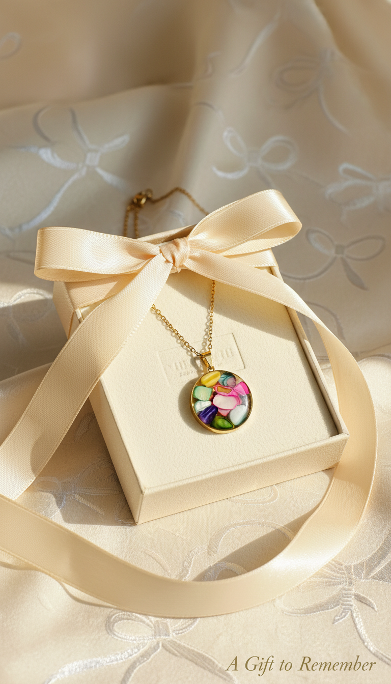 Necklace with a colorful pendant in a gift box with a ribbon on a decorative background