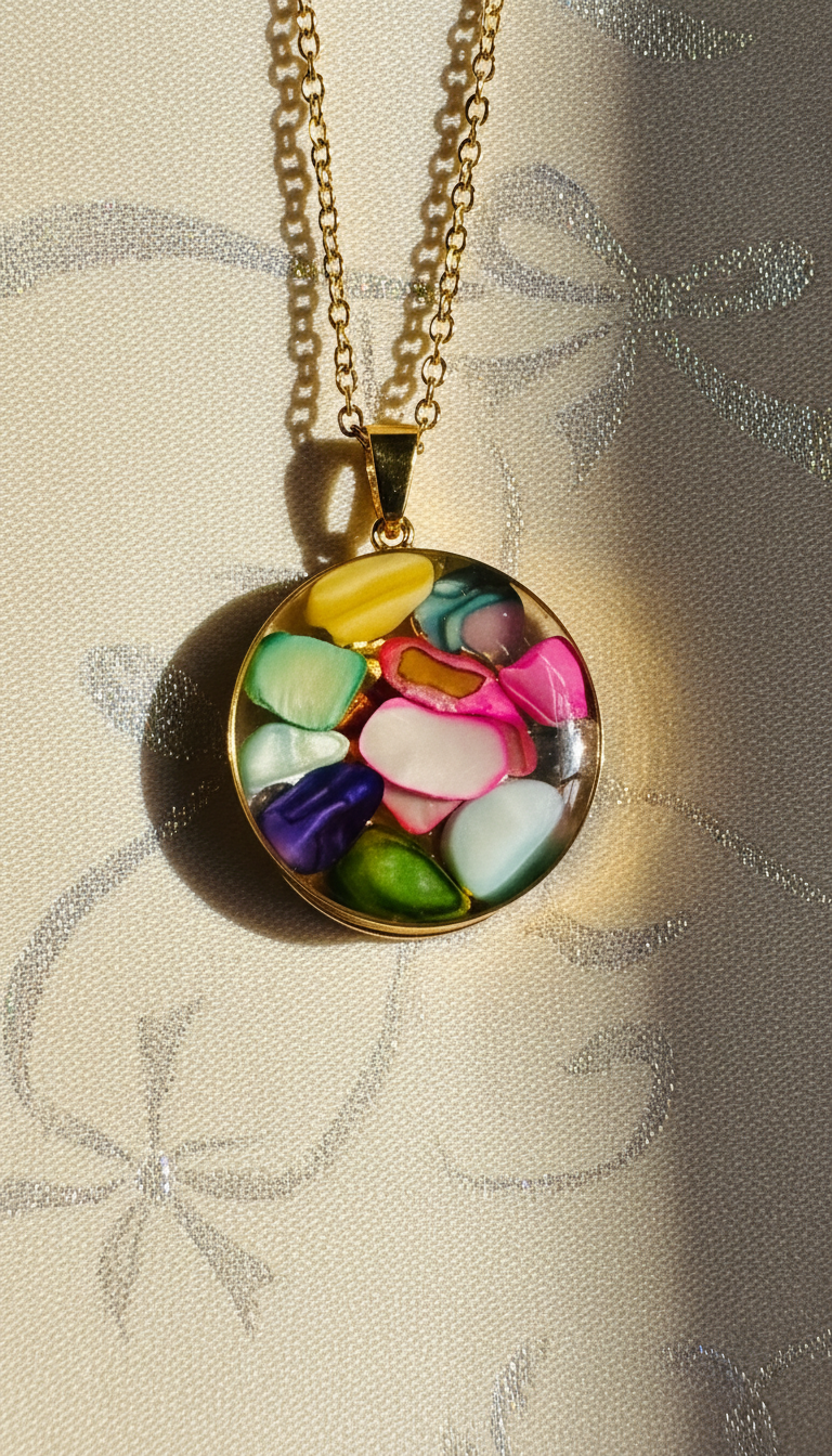 Colorful pendant necklace on a floral-patterned background
