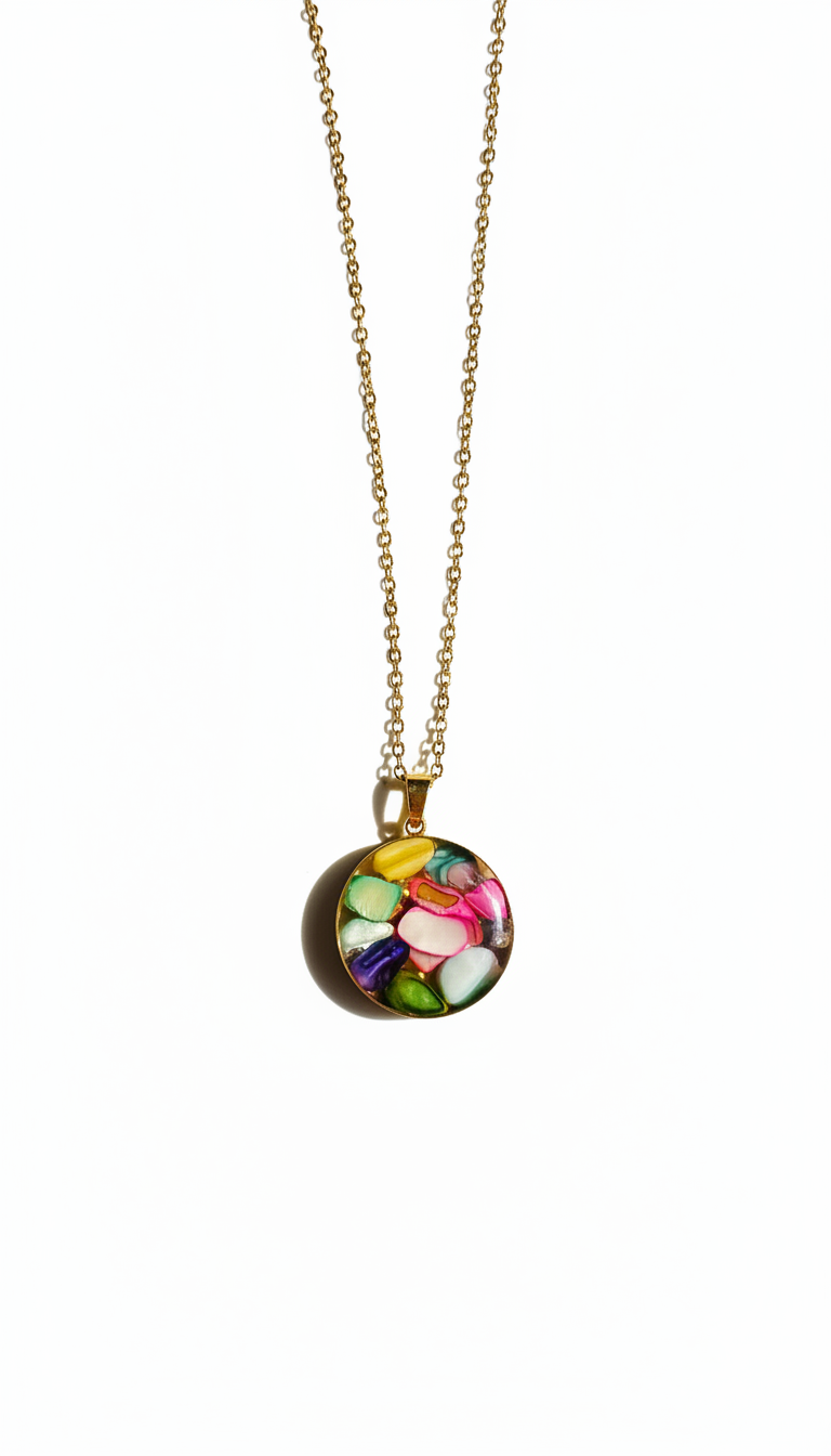 Necklace with a colorful pendant on a white background