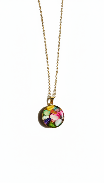 Necklace with a colorful pendant on a white background