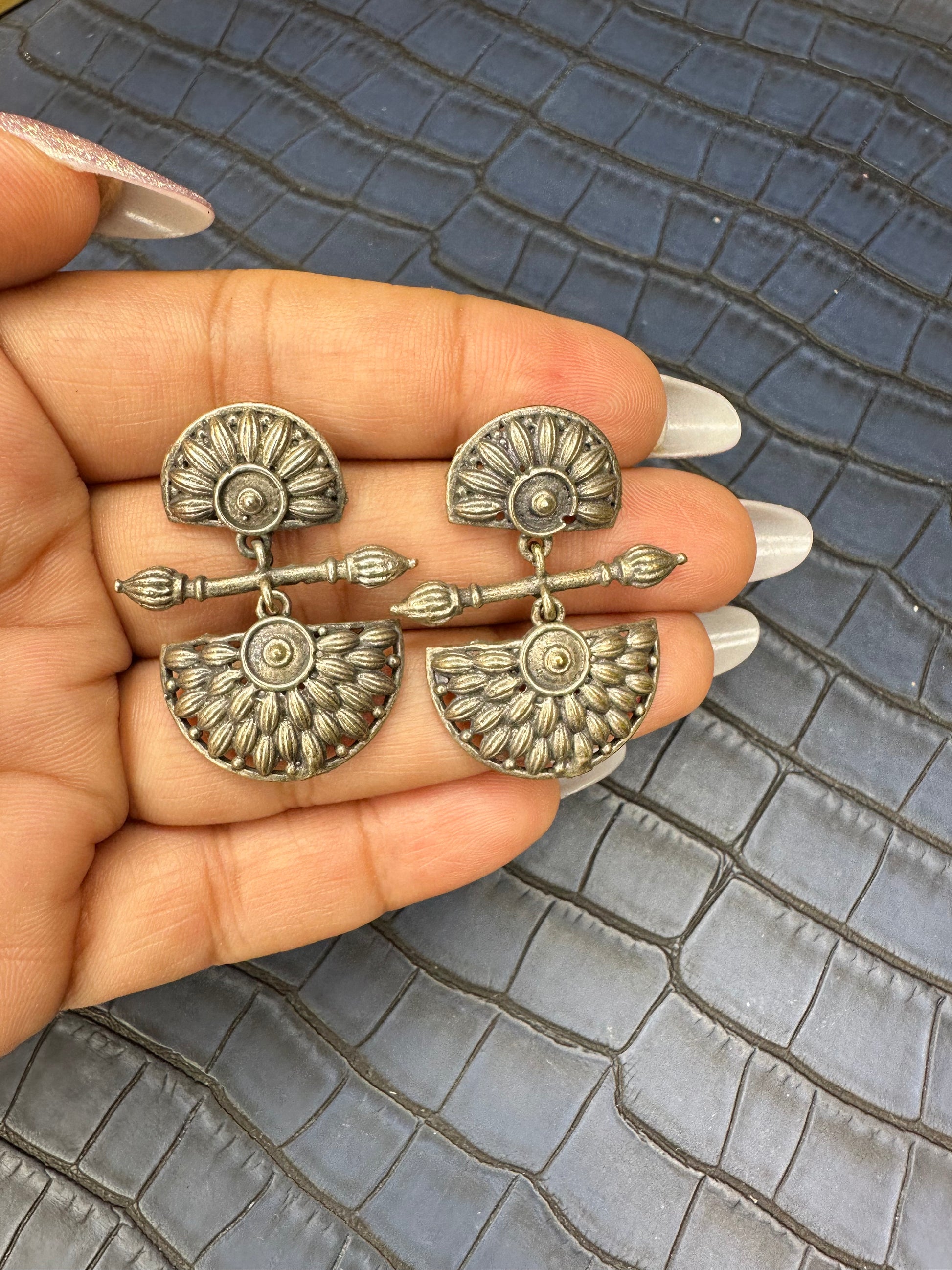 Fashion Shot of HeyBae Oxidised Brass Drop Earrings for Modern Women