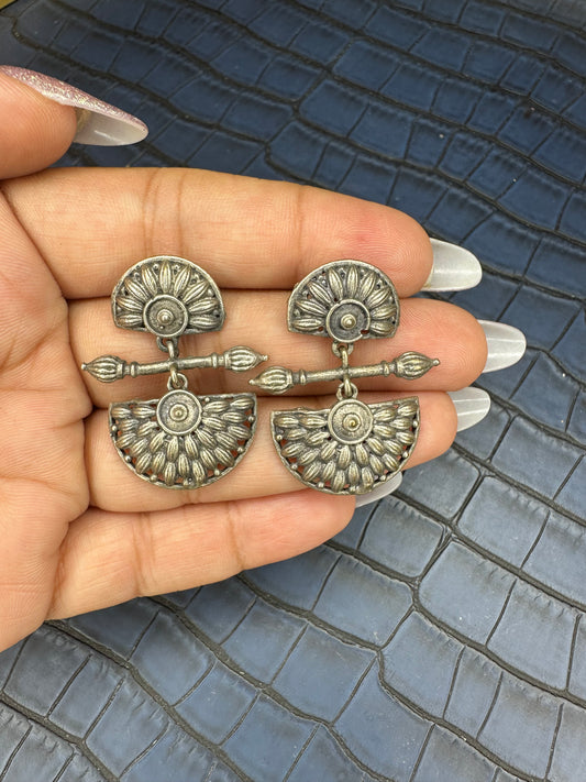 Flat Lay Display of HeyBae Oxidised Brass Drop Earrings with Antique Shine