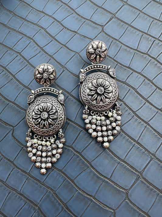 Front View of HeyBae Oxidised Kundan Jhumka Brass Earrings