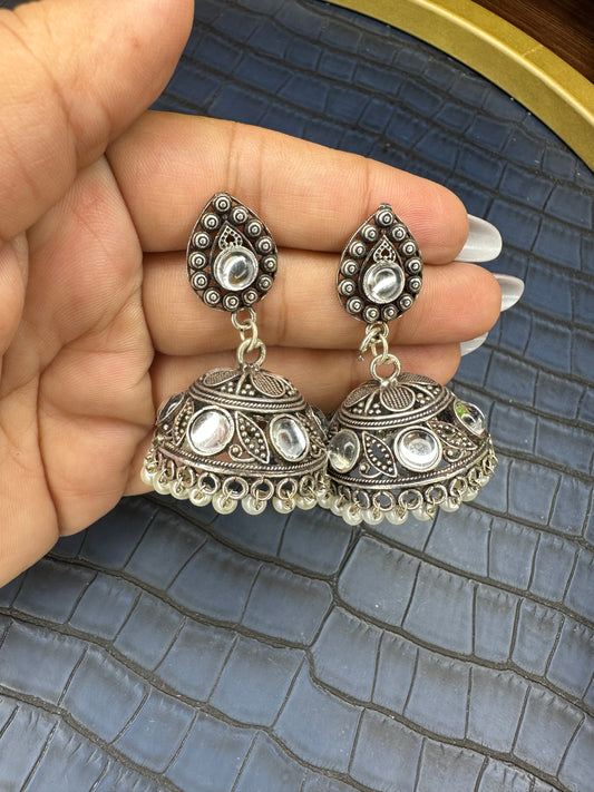 Front View of HeyBae Oxidised Kundan Jhumka Earrings in Brass